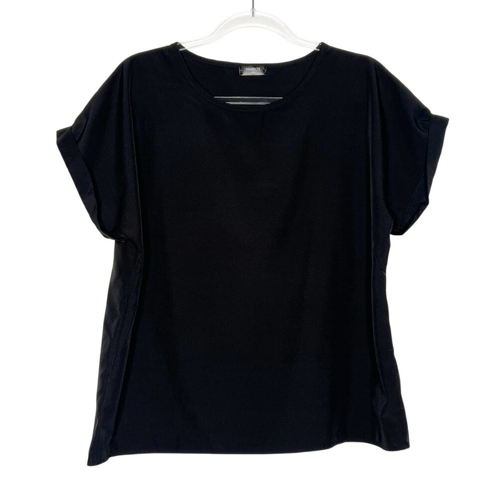 NARECTE Casual Blouse Round Neck Rolled Cuff Sleeve Lightweight Black Womens L - Picture 3 of 7